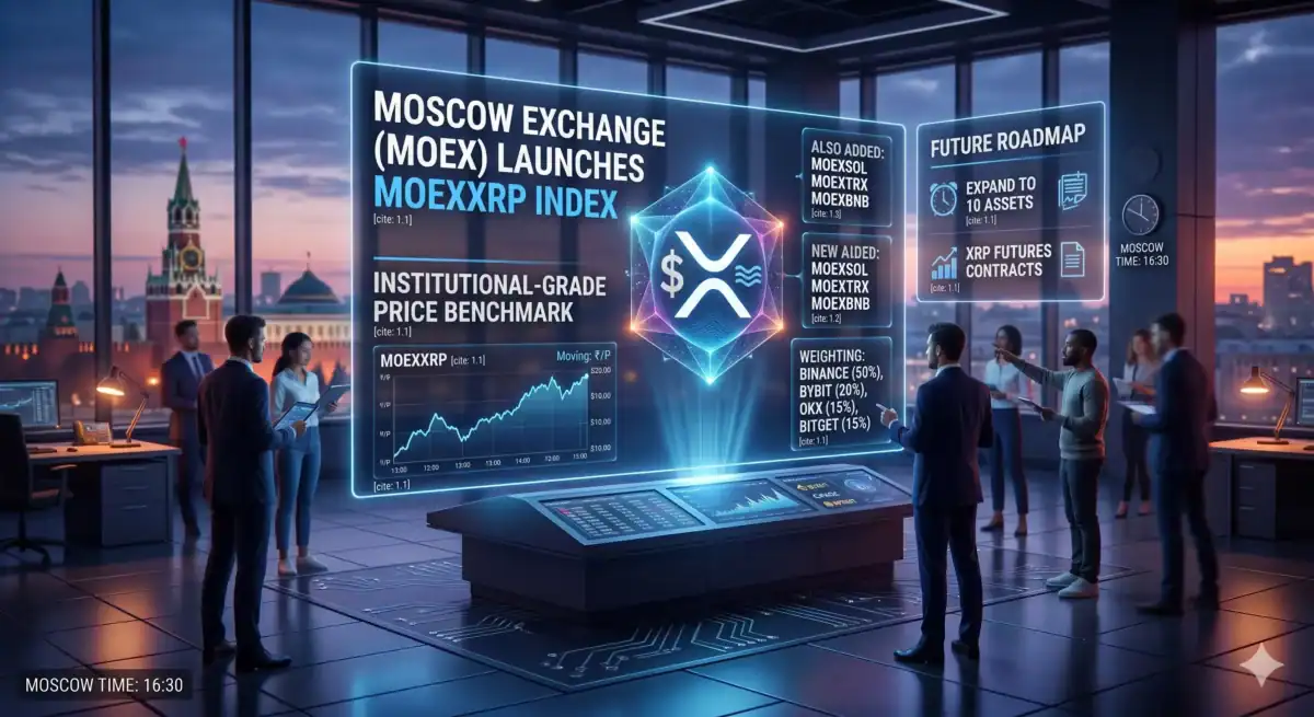 Institutional traders viewing the MOEXXRP price index on Moscow Exchange digital screens.